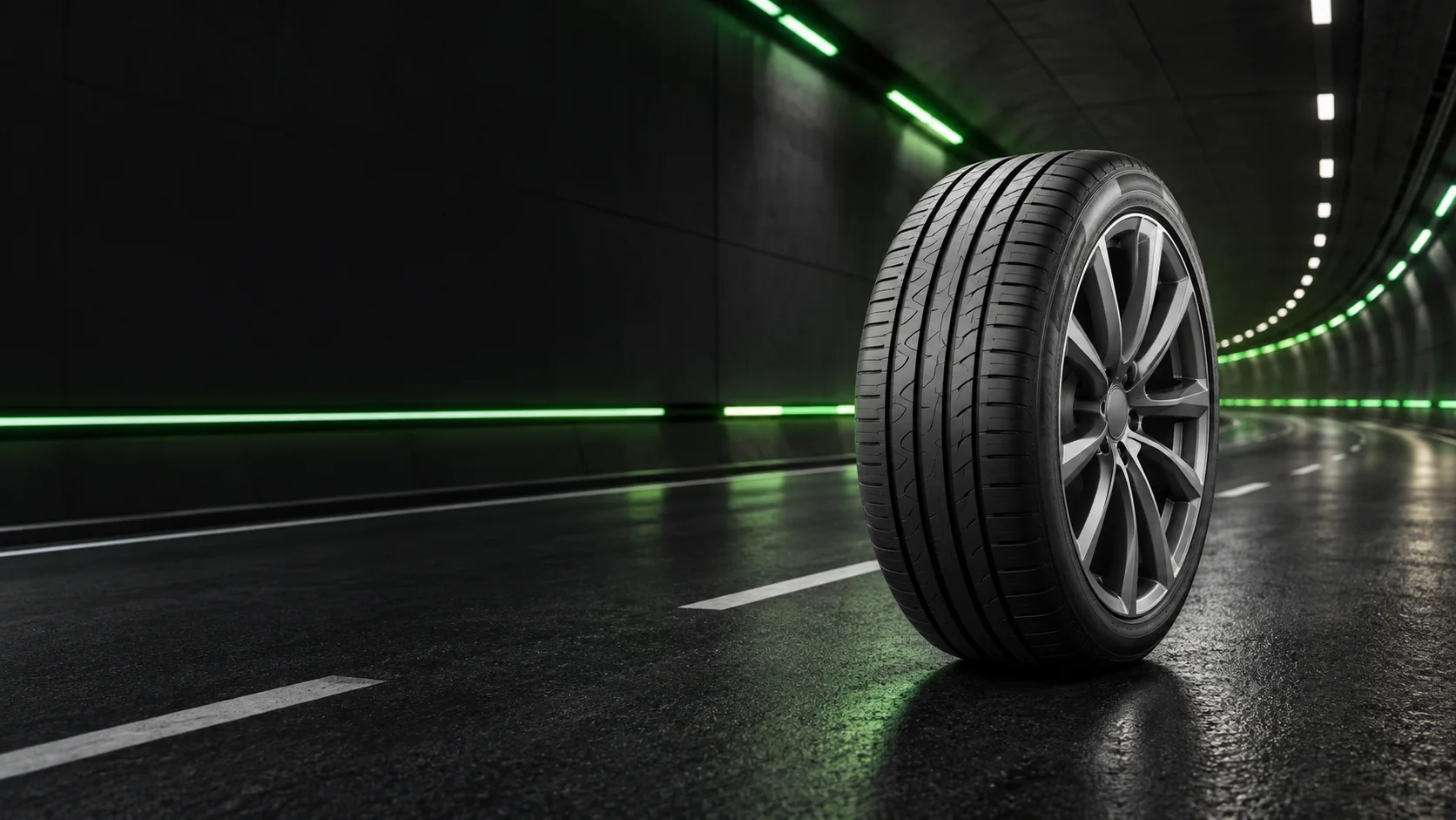 Pneu de passeio em uma via moderna iluminada em verde